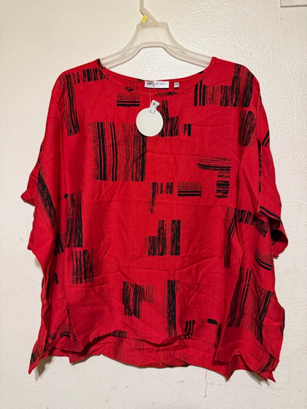 Patrizia Luca Red Tunic Top with Black Abstract Blocks
